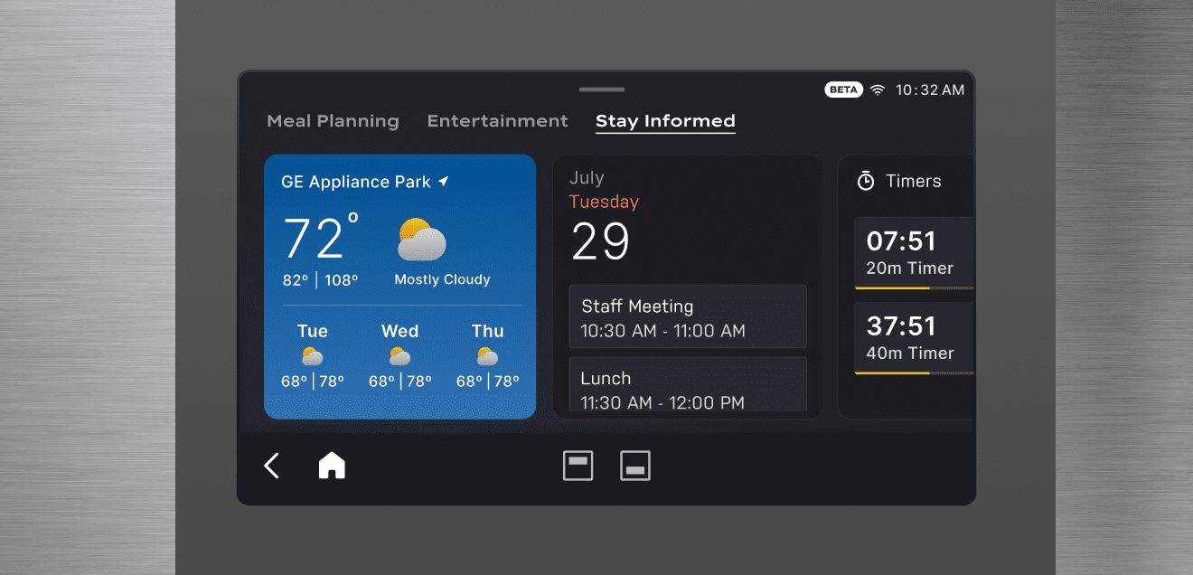 Weather, Calendar, and Timer widgets on the GE wall oven display